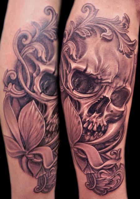 Tattoos - Black and Gray Skull and Flower - 68759